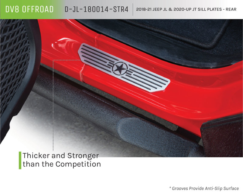 Jeep Wrangler Sill Plates - Rear - DV8 Offroad - Extruded Aluminum, Anodized Finish, Raised Brushed Accent Bars - Black - `18-`20